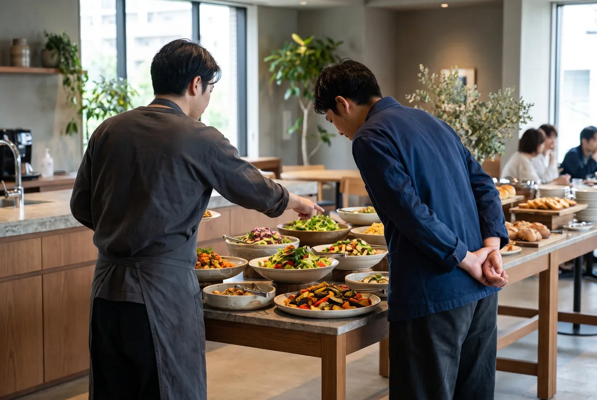 Two people reviewing a buffet arrangement together, seen from the side, with food between them