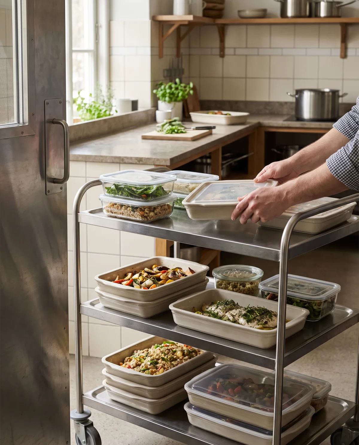 Prepared dishes and boxes of food being placed on a trolley by the kitchen exit, with only hands visible
